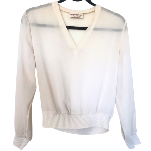 VINTAGE Daniel Martin by Boyd Babbitt Sheer Cream Long Sleeve V-Neck Blouse Top - Picture 2 of 9